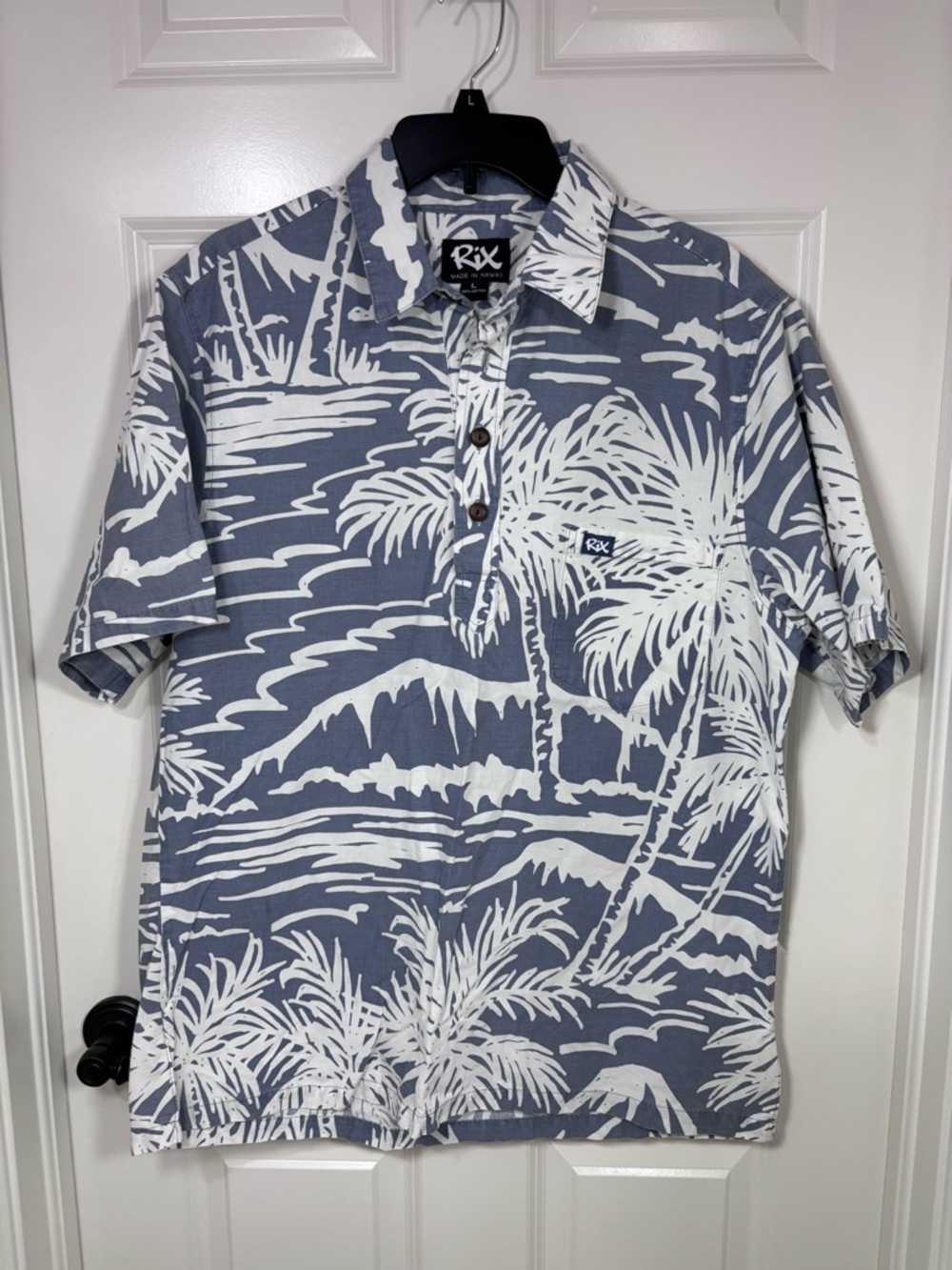 Rix Made in Hawaii Pullover Hawaiian Palm Tree Print Cotton Shirt Men’s L Blue